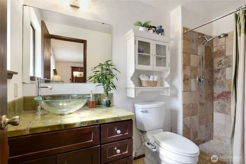 a bathroom with a sink a toilet and shower