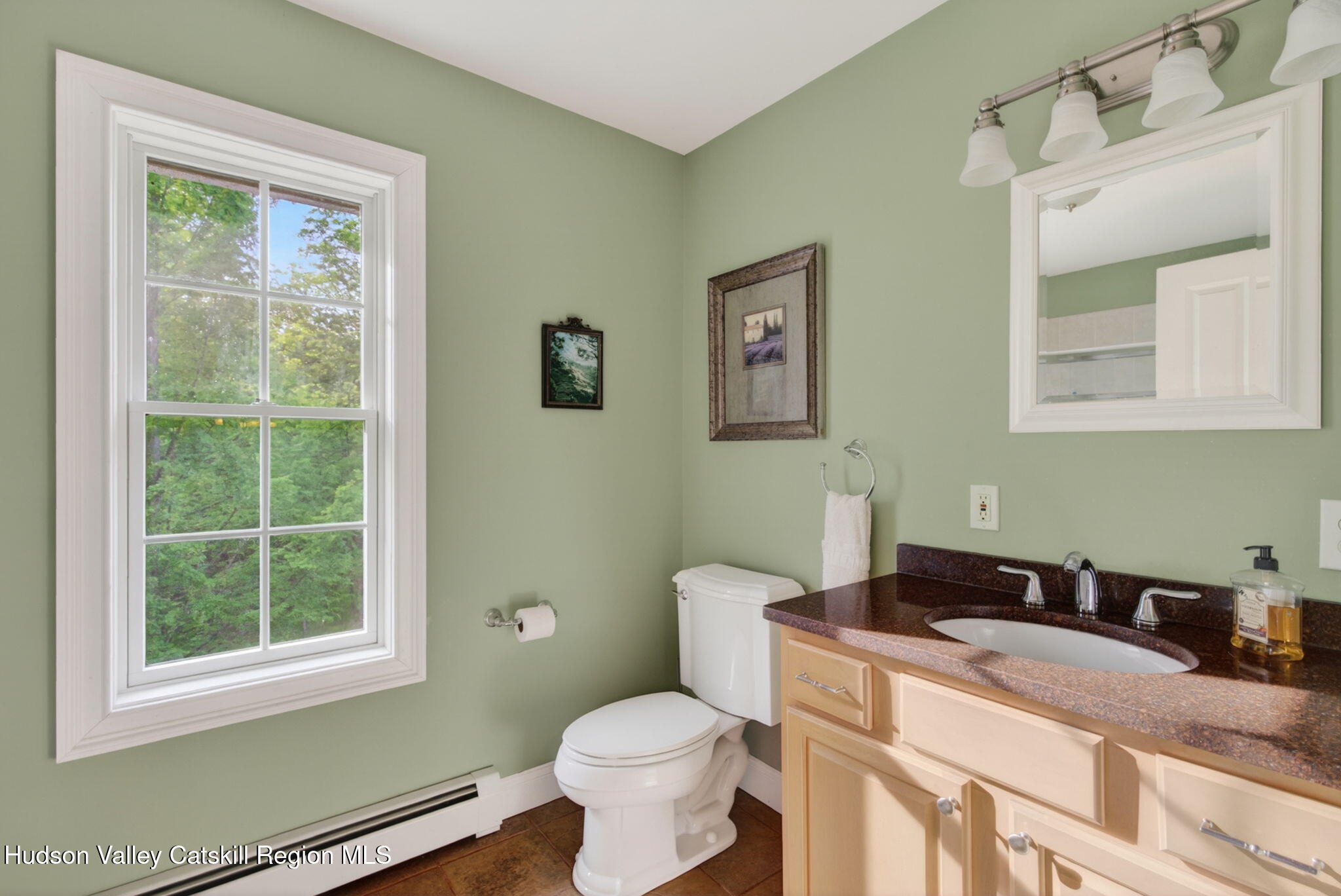 189 Bush Road Stone Ridge, NY 12484 - Photo 28 of 60 a bathroom with a granite countertop sink toilet and mirror