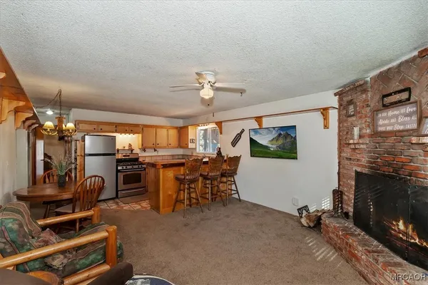 a view of a dining room with furniture