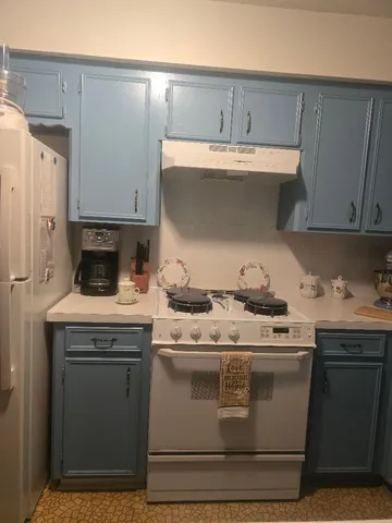 a stove top oven sitting inside of a kitchen