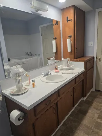 a bathroom with a sink and a mirror
