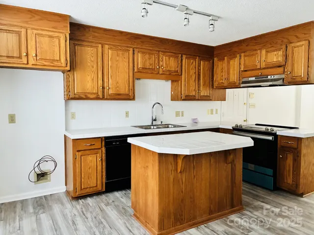 a kitchen with stainless steel appliances granite countertop a sink dishwasher stove and wooden cabinets