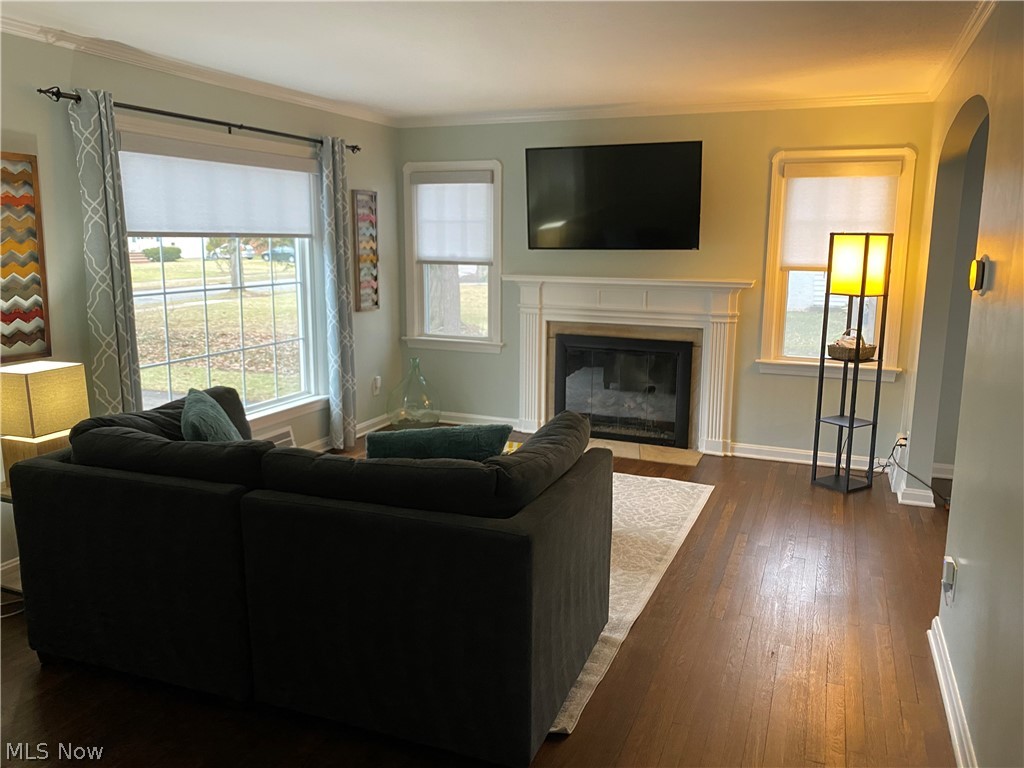 1547 Sunview Road Cleveland, OH 44124 - Photo 5 of 27 Living area featuring crown molding, dark wood-style flooring, a fireplace with flush hearth, healthy amount of natural light, and arched walkways