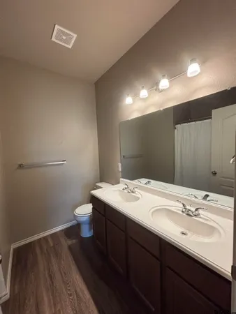 a bathroom with a sink a toilet and a mirror