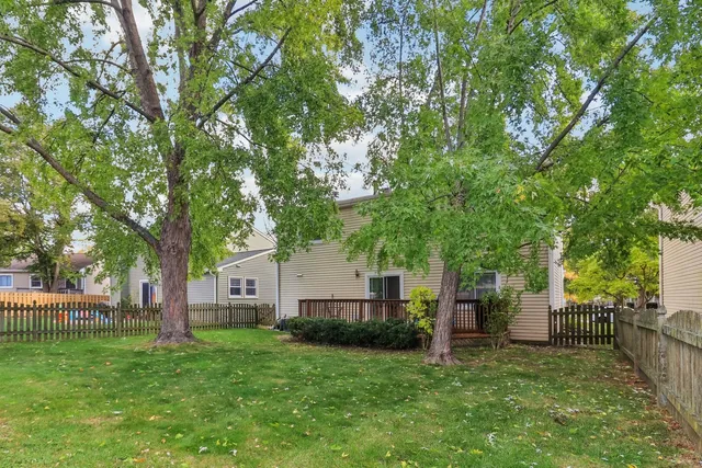 a view of a house with backyard and a tree