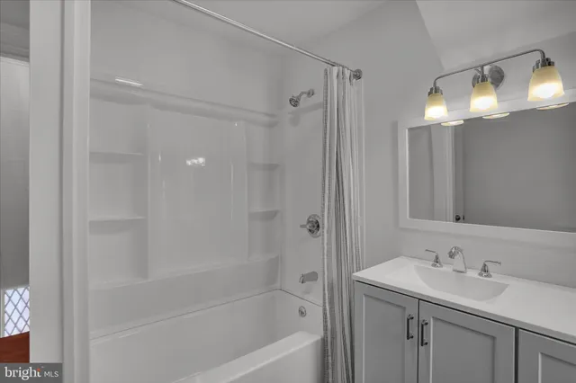 a bathroom with a bath tub sink vanity and a mirror