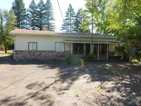 a front view of a house with a yard and potted plants