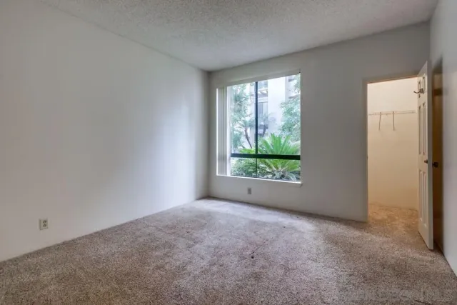 a view of an empty room with windows and closet