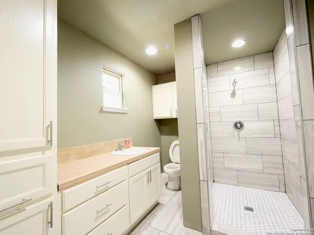 a bathroom with a sink a toilet and shower