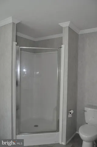 a bathroom with a shower and toilet