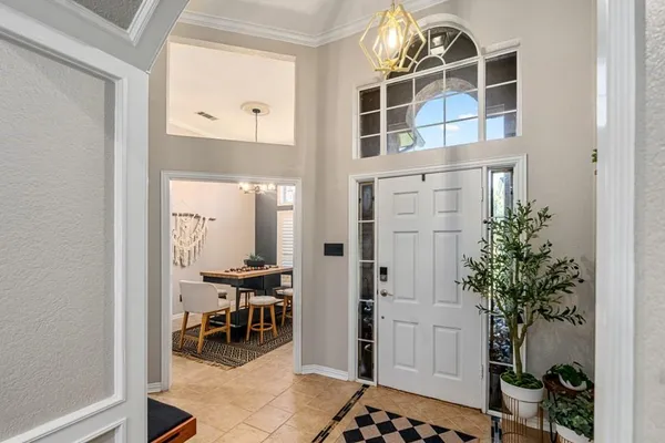 a dining room with furniture and a potted plant