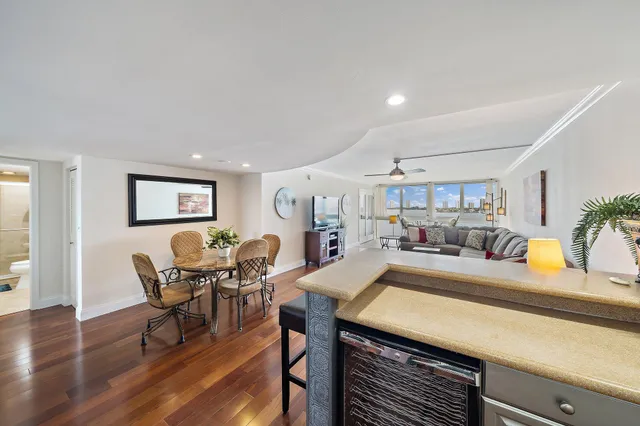 a view of a dining room with furniture
