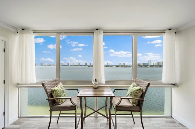 a view of a dining room with furniture window and outside view