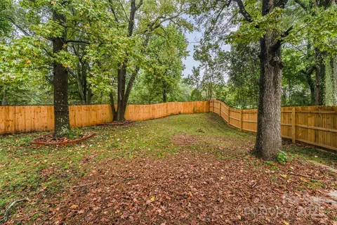 a backyard of a house with a large tree
