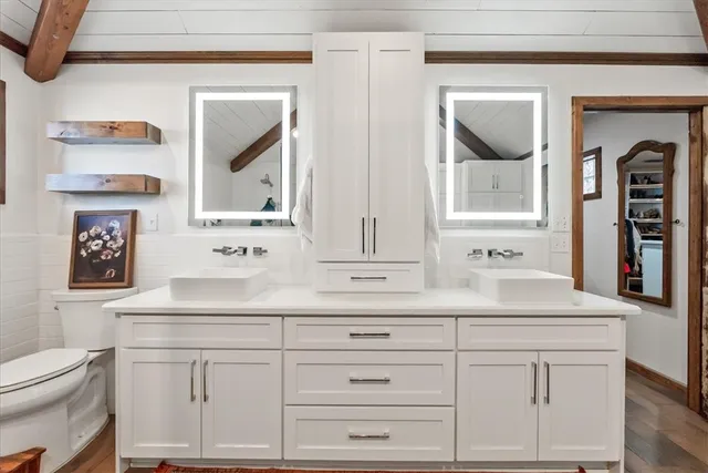 a bathroom with a sink vanity and toilet