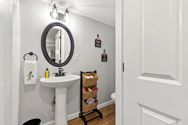 a bathroom with a sink mirror and vanity