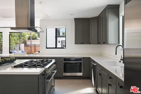 a kitchen that has a stove and a table in it