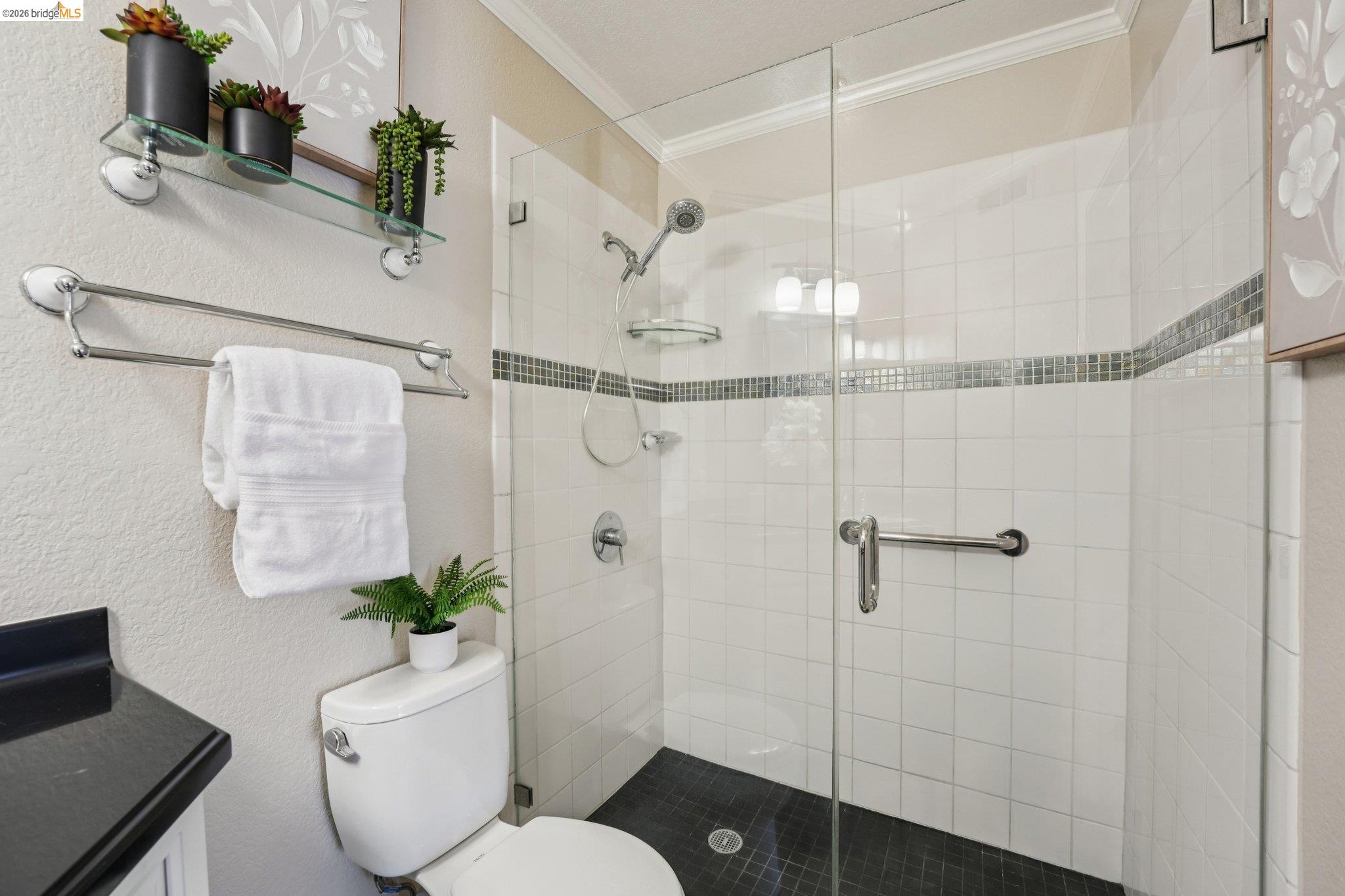 535 Pierce Street, Unit 3216 Albany, CA 94706 - Photo 35 of 47 Bathroom with ornamental molding, a stall shower, vanity, and a textured wall