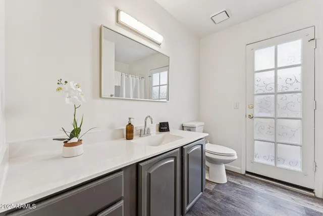 a bathroom with a sink a toilet and mirror