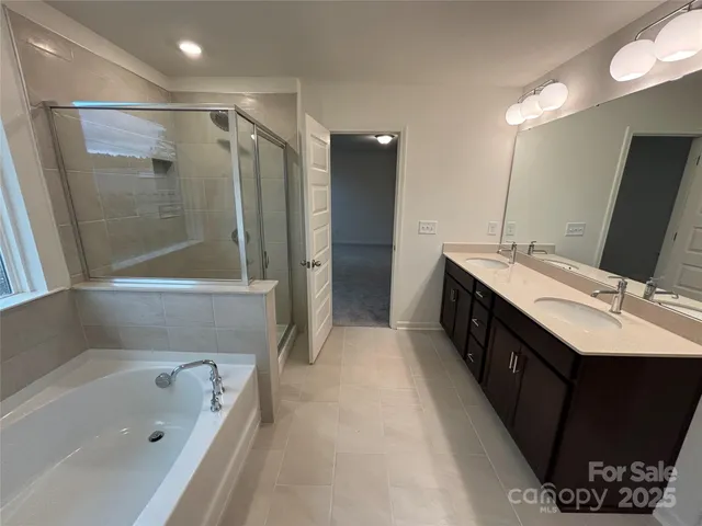 a bathroom with a double vanity sink a mirror and a bathtub