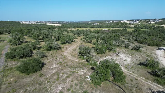an aerial view of residential houses with outdoor space and trees
