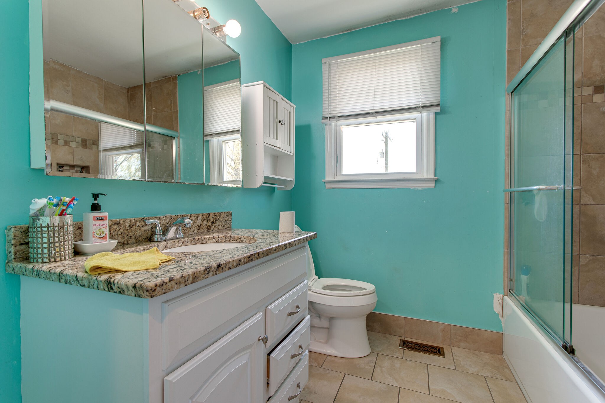 116 Tusculum Road Antioch, TN 37013 - Photo 16 of 27 a bathroom with a granite countertop sink a toilet and a mirror