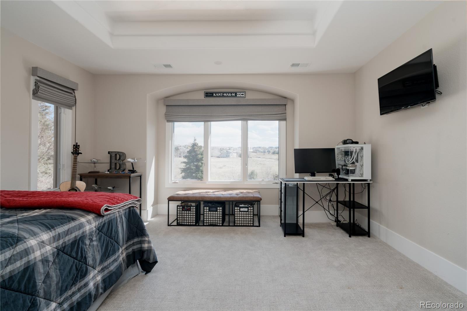 298 Fairchild Drive Highlands Ranch, CO 80126 - Photo 30 of 50 a bedroom with a bed and a flat tv screen on a desk