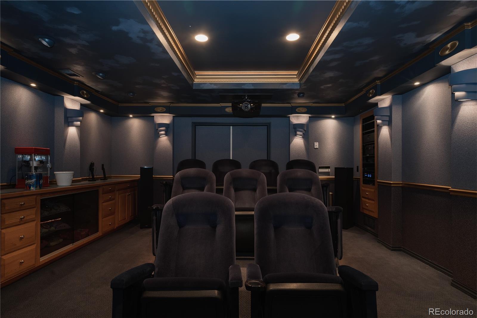 298 Fairchild Drive Highlands Ranch, CO 80126 - Photo 35 of 50 a media room with lots of chairs and a projector