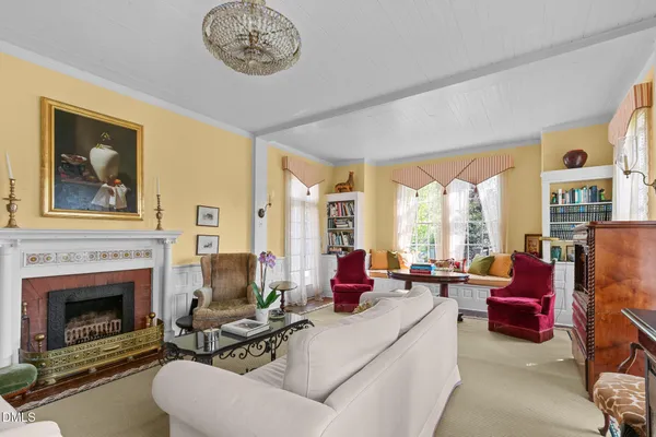 a view of a yard with plants and large trees