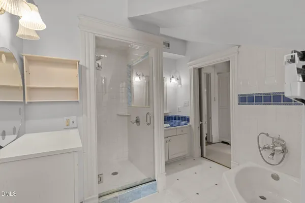 a backyard of a house with plants and large tree