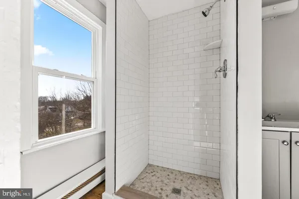 a bathroom with a window