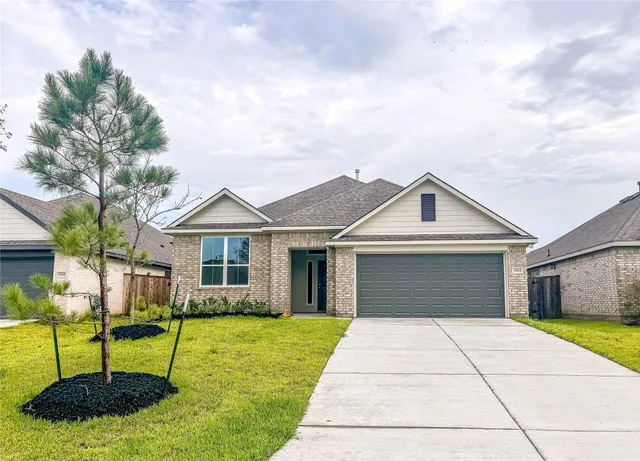 a front view of a house with yard and green space