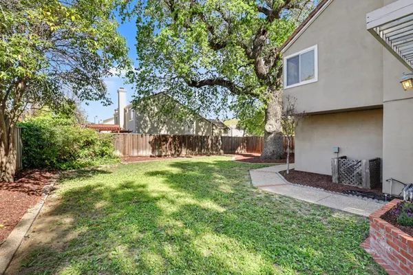 a view of a yard with a house and a large tree