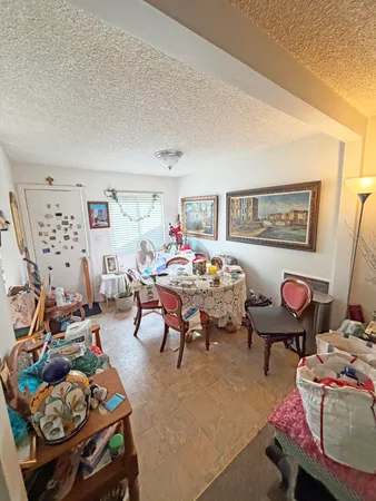 a living room with furniture a rug and a large window