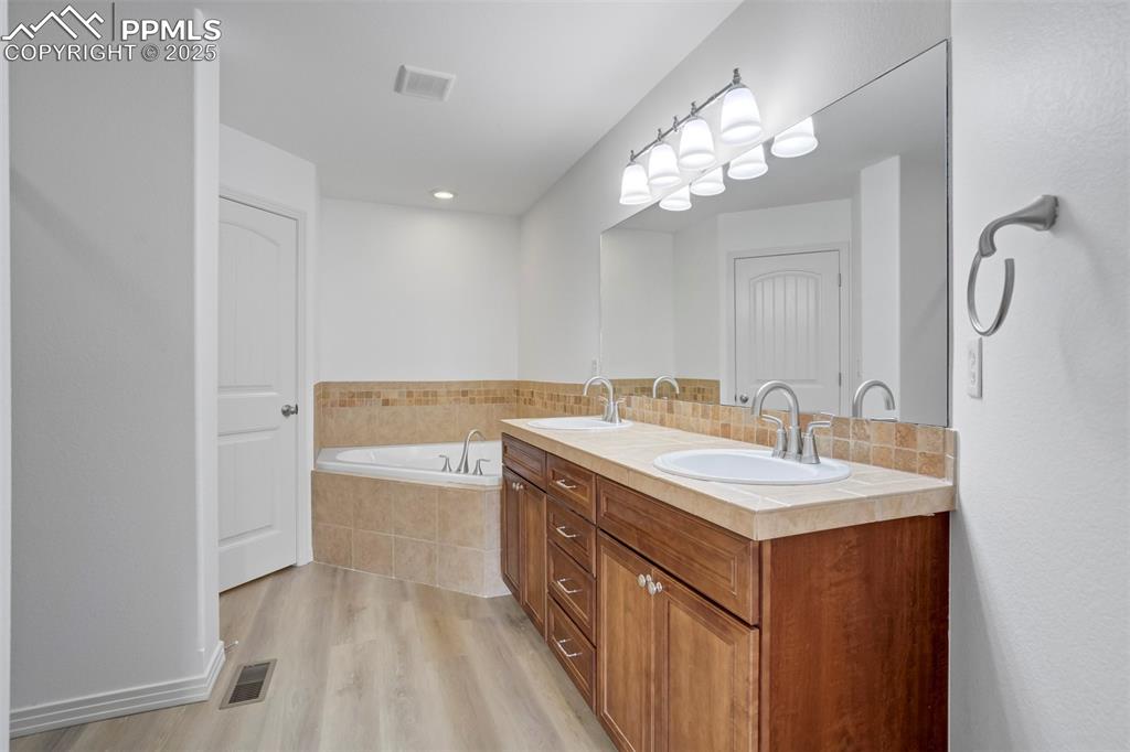1571 Promontory Bluff View Colorado Springs, CO 80921 - Photo 19 of 49 a spacious bathroom with a granite countertop sink a mirror and a