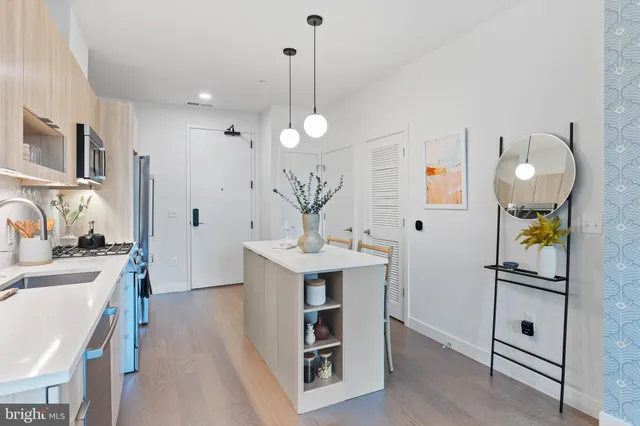 a kitchen with stainless steel appliances a stove a sink a chimney and a refrigerator