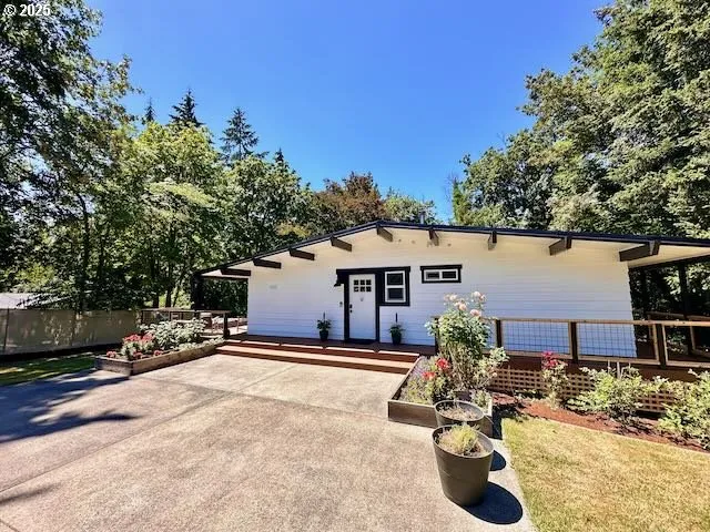 front view of a house with a patio