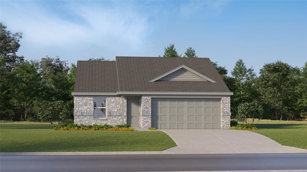 14107 Hammersmith Street Pilot Point, TX 76258 - Photo 1 of 1 View of front of house featuring a garage, stone siding, a front lawn, and driveway