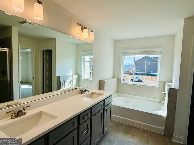 a bathroom with a tub sink and mirror