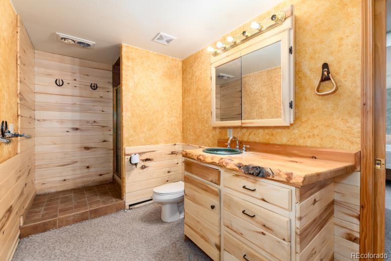 25876 County Road 5 Elbert, CO 80106 - Photo 28 of 43 a bathroom with a granite countertop sink toilet and shower