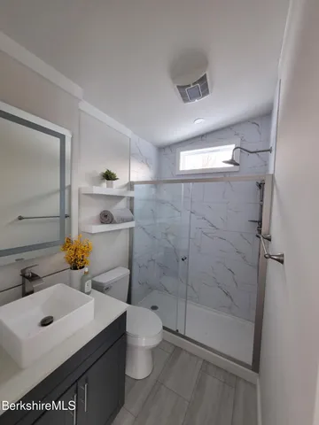 a bathroom with a sink toilet and shower