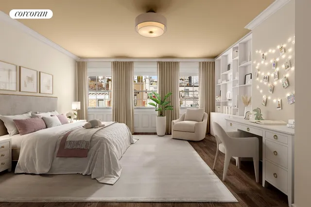 a spacious bedroom with a bed and glass windows