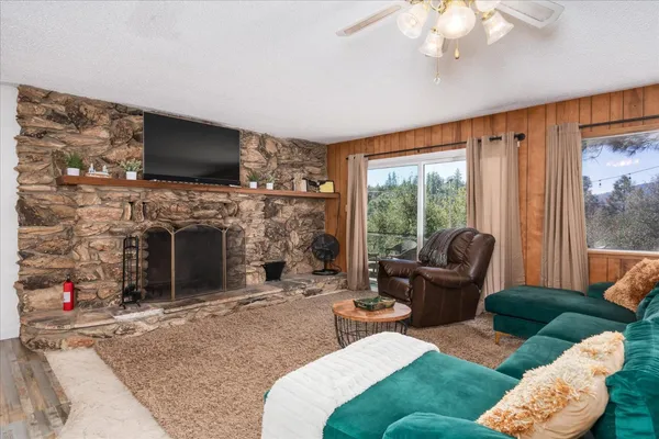 a living room with furniture a flat screen tv and a fireplace