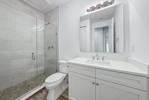 a bathroom with a toilet sink shower and mirror