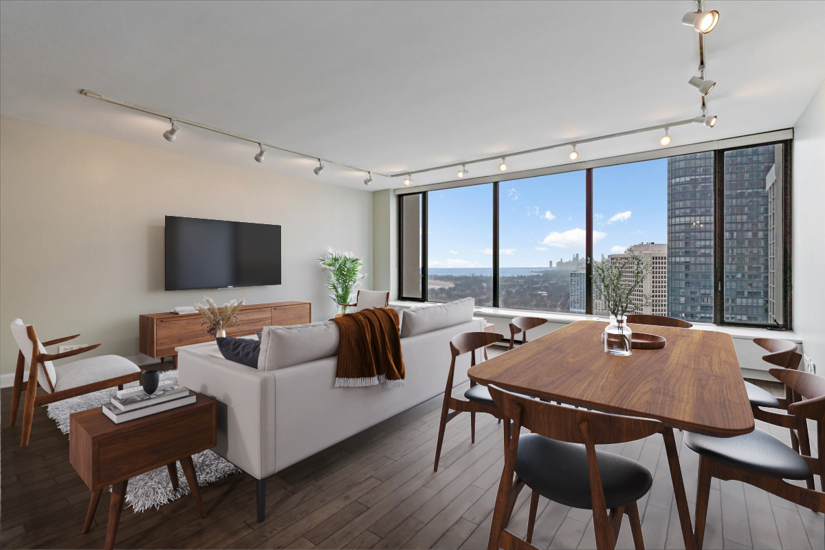 5455 North Sheridan Road, Unit 3406 Chicago, IL 60640 - Photo 3 of 30 a living room with furniture and a flat screen tv