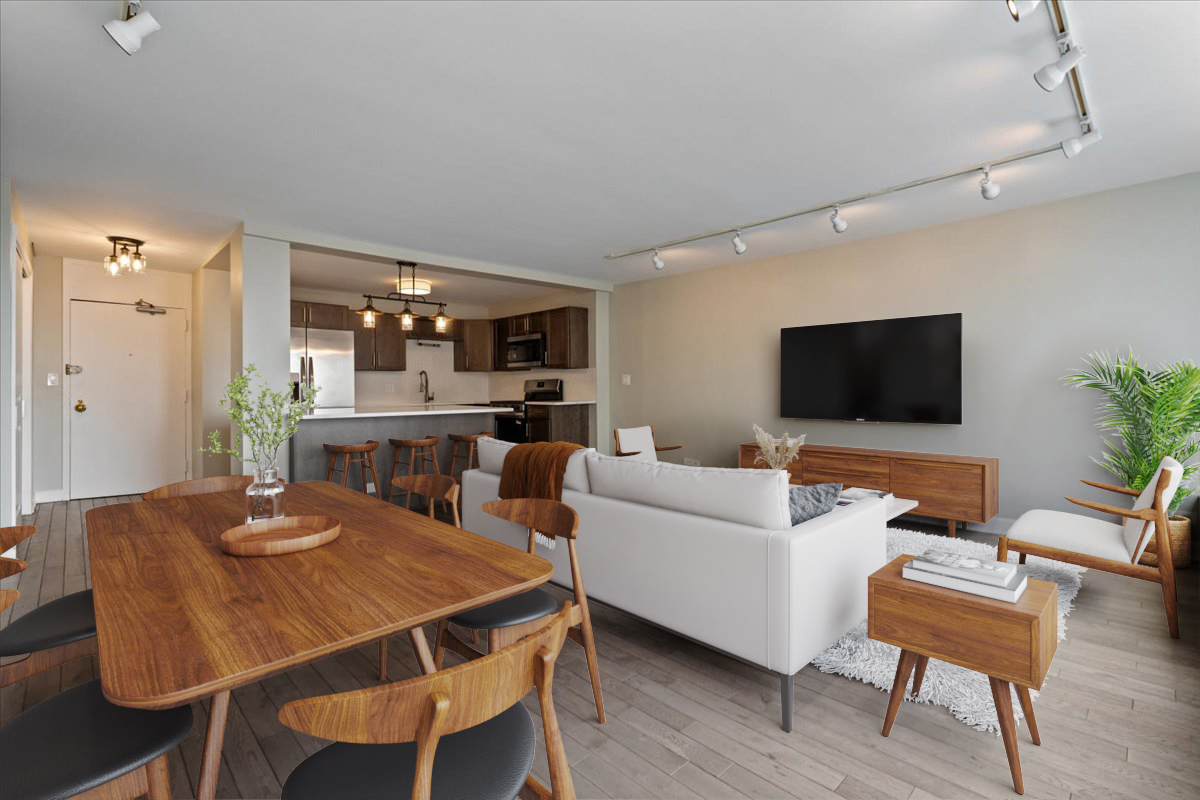 5455 North Sheridan Road, Unit 3406 Chicago, IL 60640 - Photo 7 of 30 a living room with furniture kitchen view and a flat screen tv