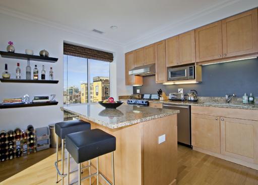 60 West Erie Street, Unit 1102 Chicago, IL 60654 - Photo 4 of 12 a kitchen with stainless steel appliances granite countertop a sink dishwasher stove refrigerator and cabinets with wooden floor