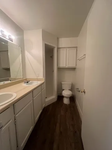 a bathroom with a granite countertop sink a toilet and a large mirror
