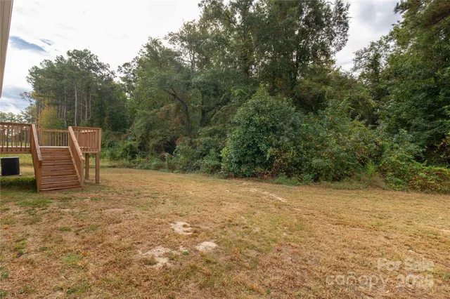 a view of a field with trees in the background