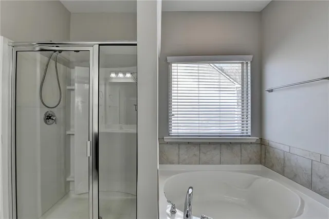 a bathroom with a bathtub and shower